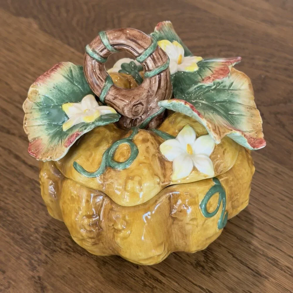 Fitz and Floyd Gardening Gourmet Pumpkin Condiment Jar W/Lid Spoon Box Vintage